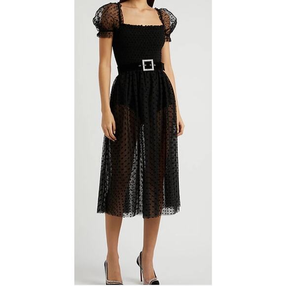 Rebecca Vallance Dresses & Skirts - NWT Rebecca Vallance Black Sheer Tulle Belted Bodysuit Midi Tiffani Dress Size 8
